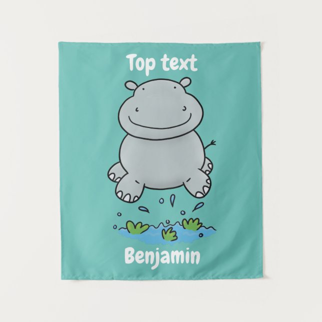 Cute hippo jumping cartoon illustration tapestry (Front)