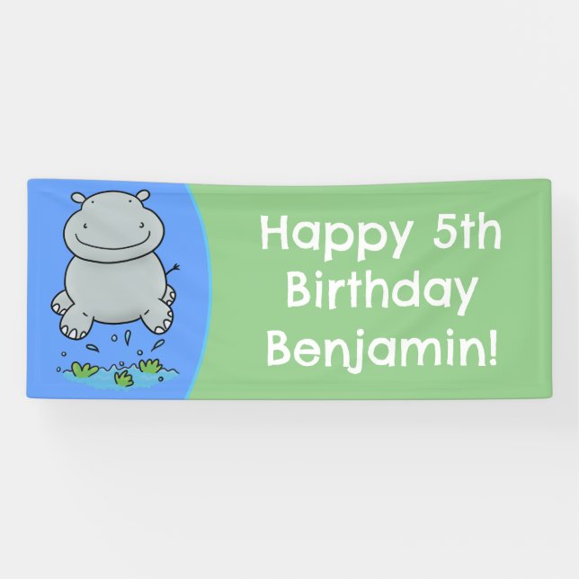 Cute hippo jumping cartoon personalised birthday banner (Horizontal)