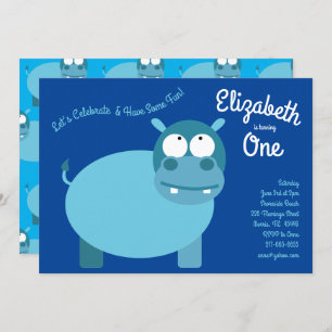 Cute Hippo Kids 1st Birthday Party Invitations