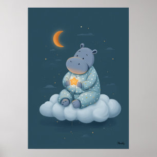 Cute Hippo on Cloud Nursery Bedtime Poster
