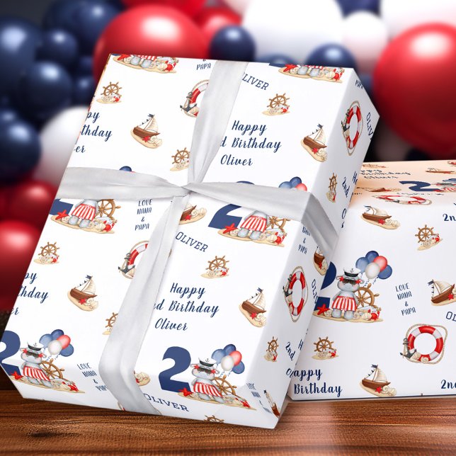 Cute Hippo Sailor Nautical Boat 2nd Birthday Name Wrapping Paper (Cute Hippo Sailor Nautical Boat 2nd Birthday Boy Wrapping Paper)