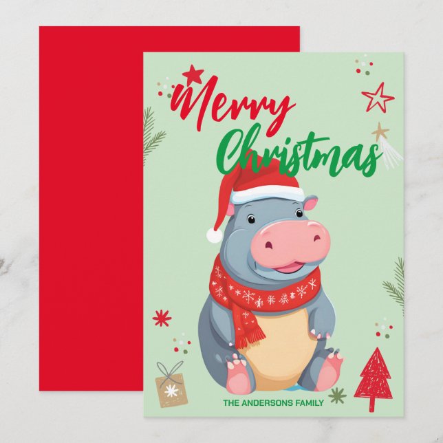 Cute HIPPO santa Christmas Holiday Family name Card (Front/Back)