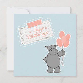 Cute hippo with balloons and Happy Valentines day Card