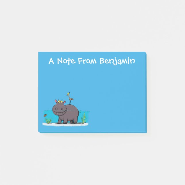 Cute hippo with bird birthday greeting cartoon post-it notes (Front)