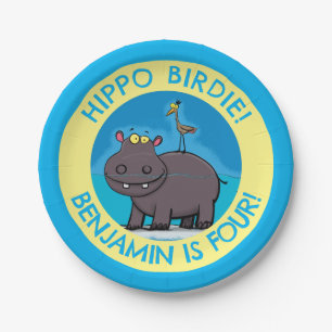 Cute hippo with bird personalised birthday cartoon paper plate