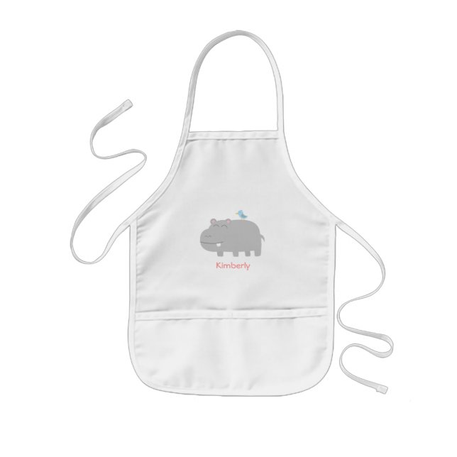 Cute Hippo with Blue Bird Cartoon Kids Apron (Front)