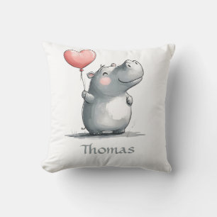 Cute Hippo with Heart Balloon Illustration Cushion