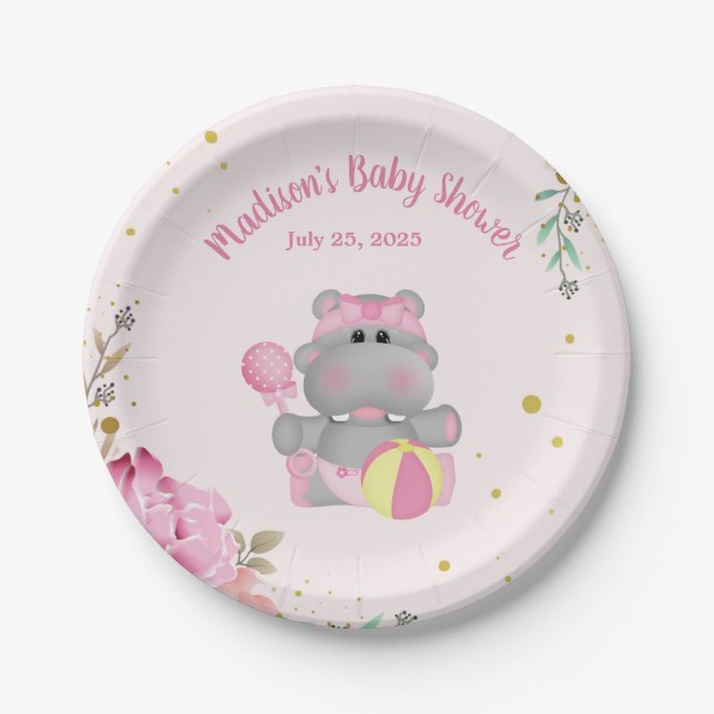 Cute Hippo With Rattle and Ball Paper Plate (Front)