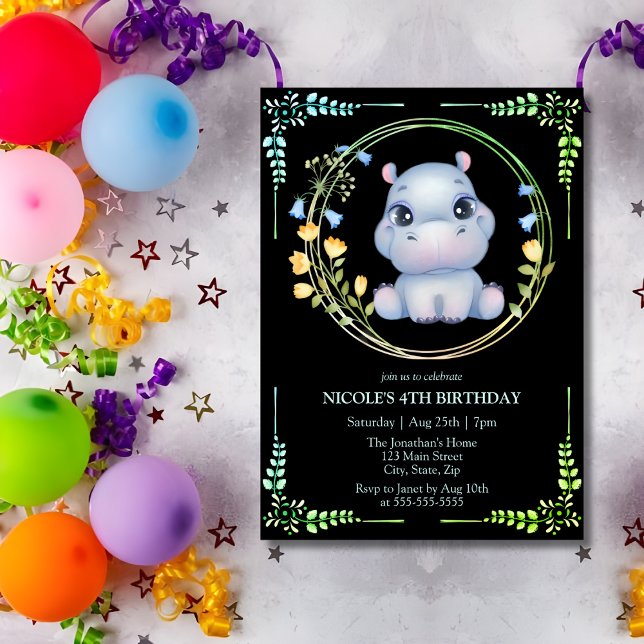 Cute Hippopotamus Flower Wreath 4th Birthday Black Invitation (Creator Uploaded)
