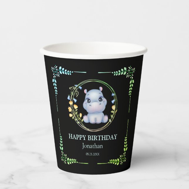 Cute Hippopotamus Flower Wreath Birthday Black Paper Cups (Front)