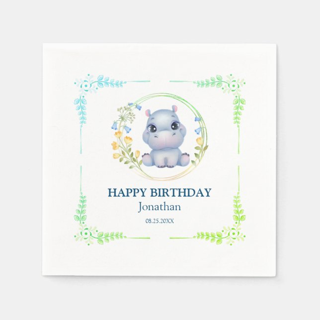 Cute Hippopotamus Flower Wreath Happy Birthday  Napkin (Front)