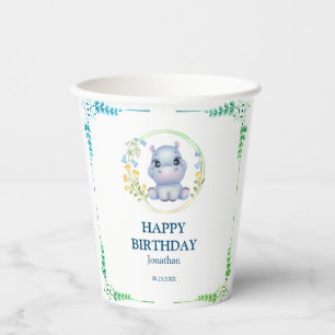 Cute Hippopotamus Flower Wreath Happy Birthday Paper Cups