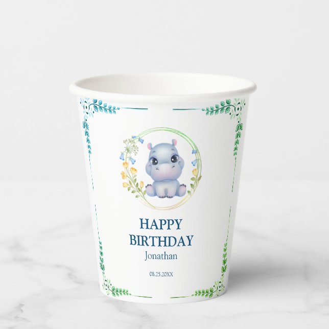 Cute Hippopotamus Flower Wreath Happy Birthday  Paper Cups (Front)