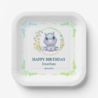 Cute Hippopotamus Flower Wreath Happy Birthday 
