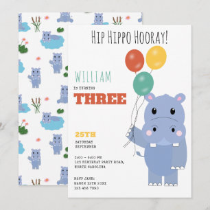 Cute Hippopotamus Hip Hippo Hooray Kids Birthday Invitation
