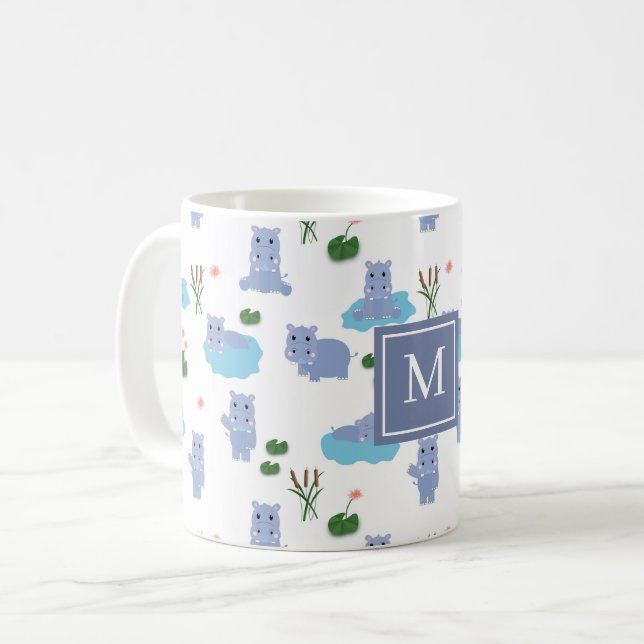 Cute Hippopotamus Hippo Monogram Initial Coffee Mug (Front Left)