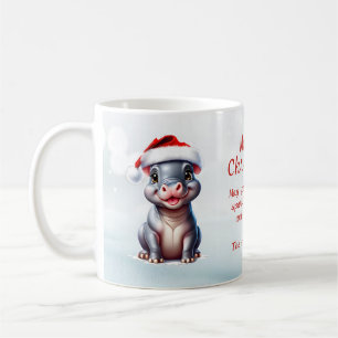 Cute Hippopotamus Santa Hat Snowy Christmas Coffee Mug