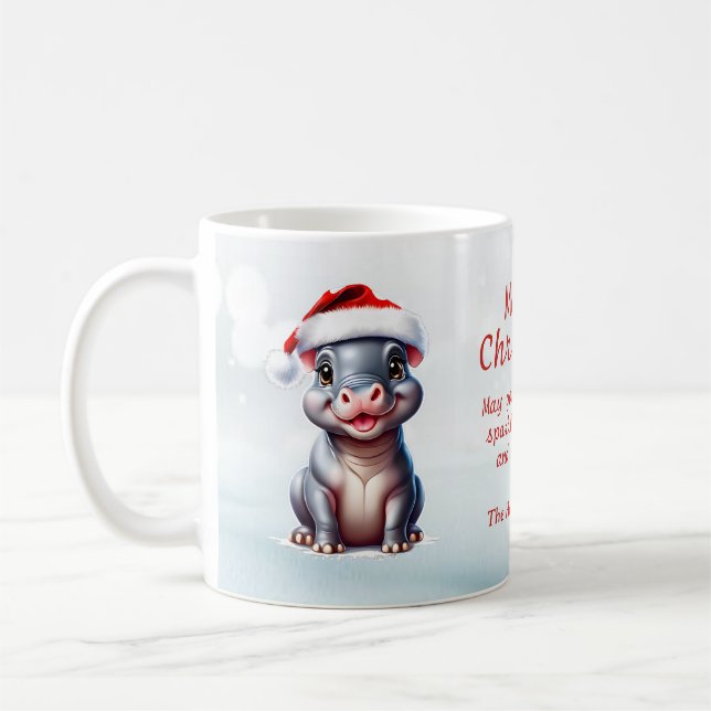 Cute Hippopotamus Santa Hat Snowy Christmas  Coffee Mug (Left)
