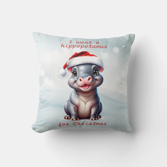 Cute Hippopotamus Santa Hat Snowy Christmas  Cushion (Front)