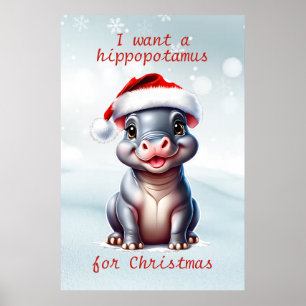 Cute Hippopotamus Santa Hat Snowy Christmas  Poster