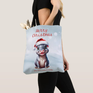 Cute Hippopotamus Santa Hat Snowy Christmas Tote Bag