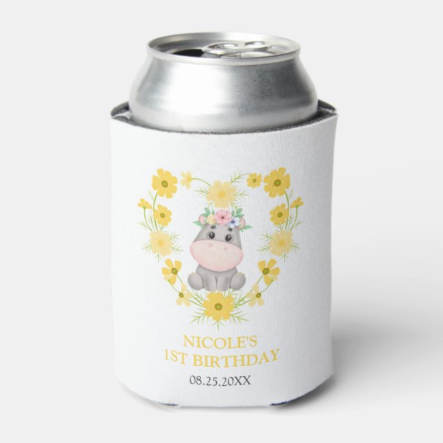 Cute Hippopotamus Yellow Flower Heart 1st Birthday Can Cooler (Can Front)