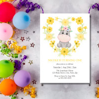 Cute Hippopotamus Yellow Flower Heart 1st Birthday