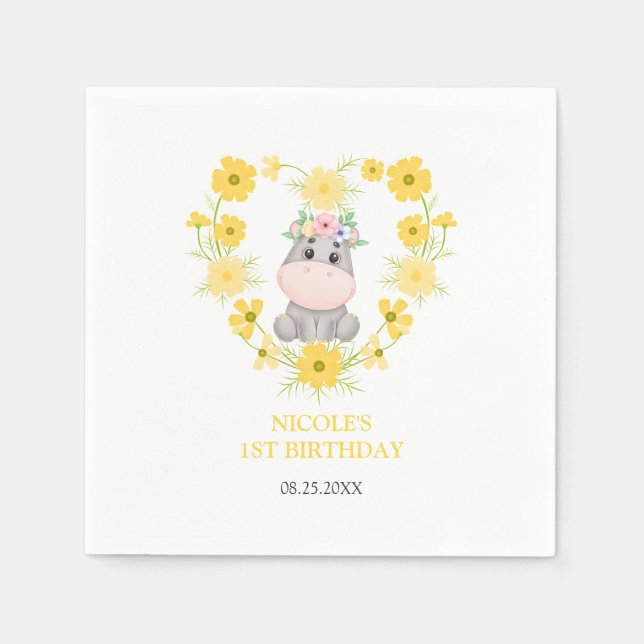 Cute Hippopotamus Yellow Flower Heart 1st Birthday Napkin (Front)