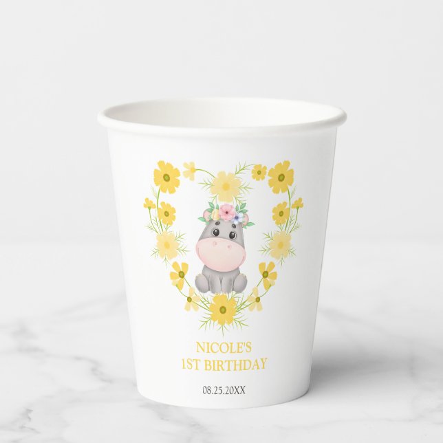 Cute Hippopotamus Yellow Flower Heart 1st Birthday Paper Cups (Back)