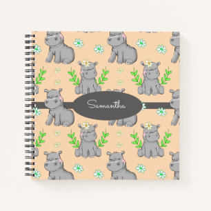 Cute Hippos and Flowers Pattern Custom Name Notebook