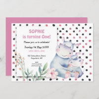 Cute Hippos Pink Dots Girls First Birthday Party
