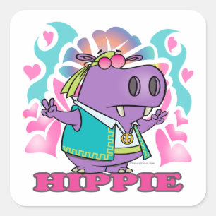 cute hippy hippie hippo cartoon with text square sticker