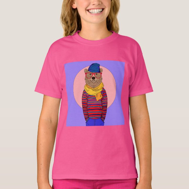 Cute Hipster Bear in Moonlight T-Shirt (Front)