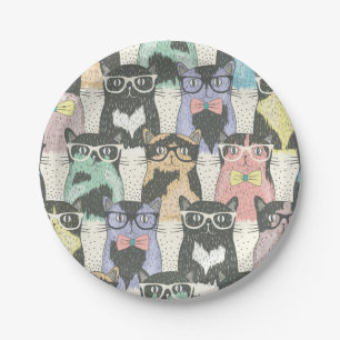Cute Hipster Cats Pattern Paper Plate