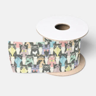 Cute Hipster Cats Pattern Satin Ribbon