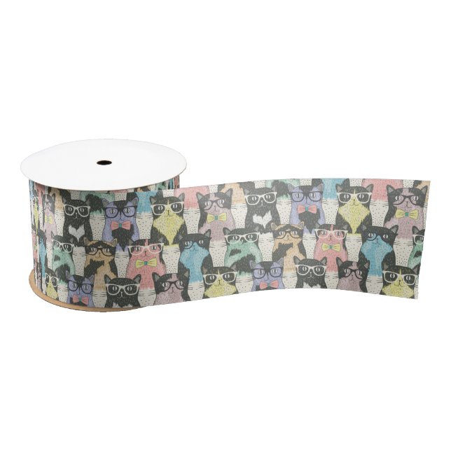 Cute Hipster Cats Pattern Satin Ribbon (Spool)