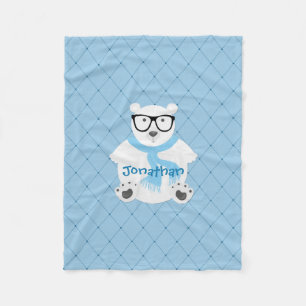 Cute Hipster Polar Bear Blue Personalised Fleece Blanket