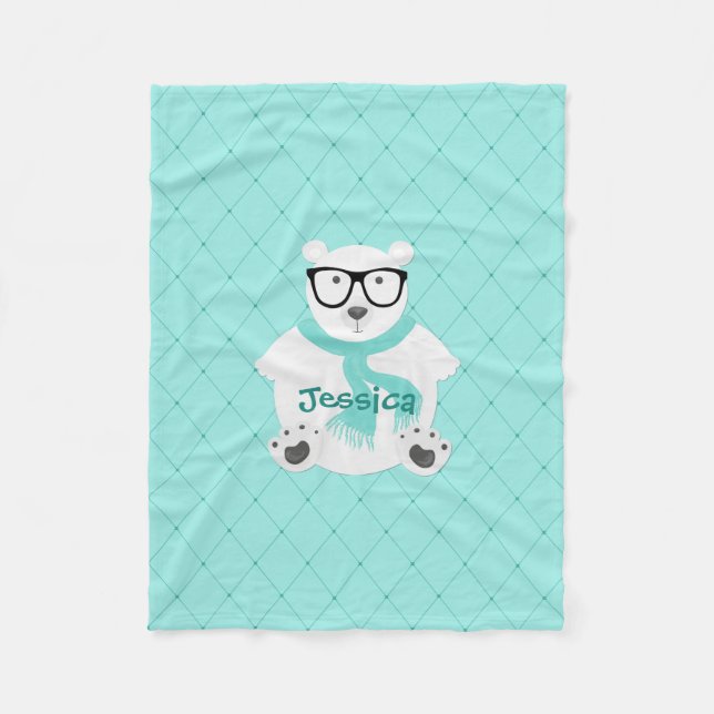 Cute Hipster Polar Bear Teal Faux Quilt Name Fleece Blanket (Front)