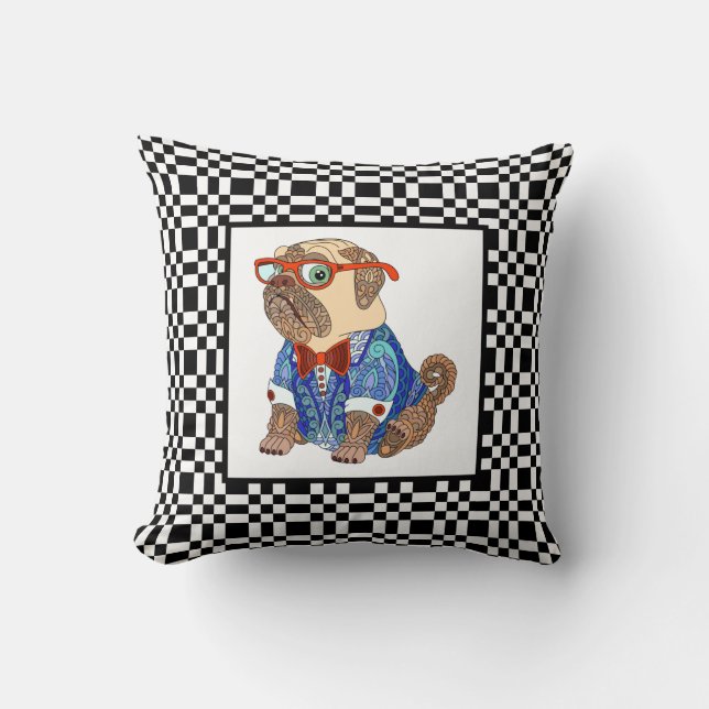 Cute Hipster Pug on B&W Chequerboard Cushion (Front)