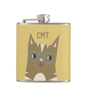 Cute Hipster Tabby Cat with Glasses Monogram Hip Flask