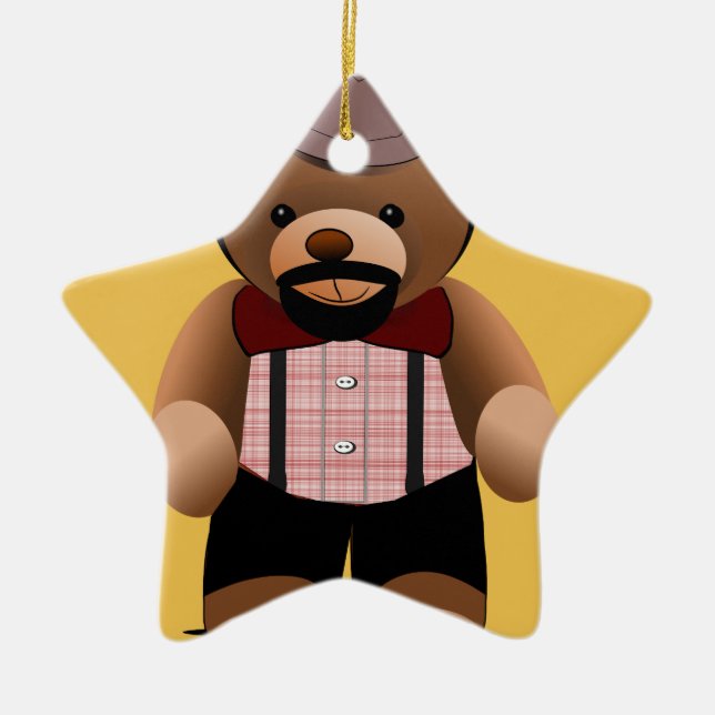 Cute Hipster Teddy Bear With Beard Ceramic Tree Decoration (Front)