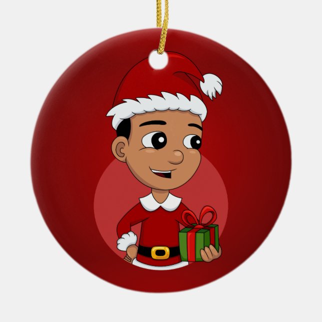 Cute Hispanic Christmas boy cartoon Ceramic Tree Decoration (Front)