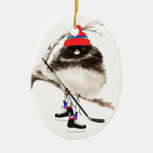 Cute Hockey Bird in Hat, Christmas Humour, Junco Ceramic Tree Decoration