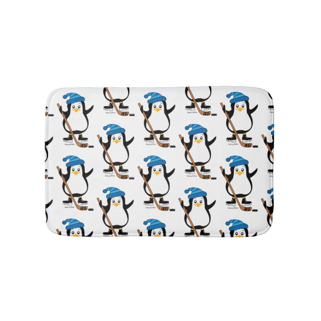 Cute Hockey Penguin with Hockey Stick Bath Mat (Front)