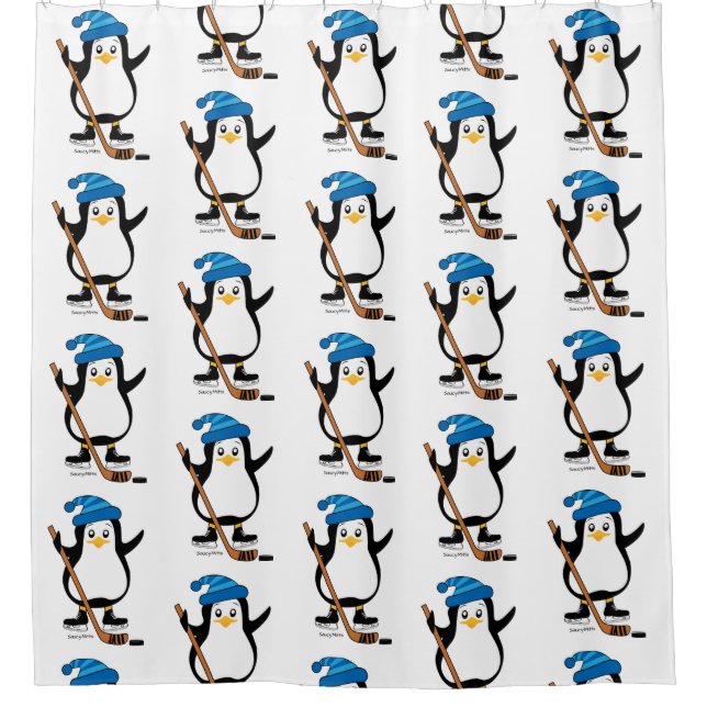 Cute Hockey Penguin with Hockey Stick Shower Curtain (Front)