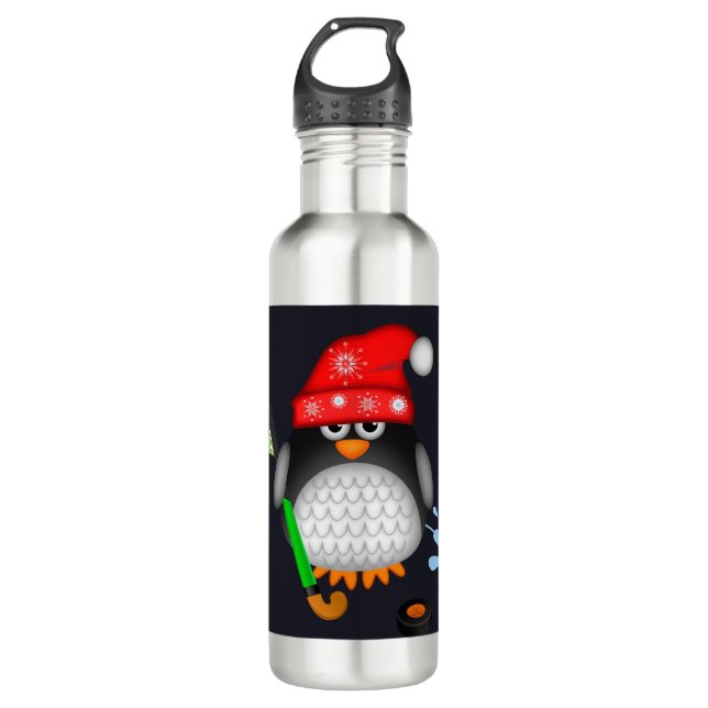 Cute hockey penguin with red hat and Xmas trees 710 Ml Water Bottle (Front)