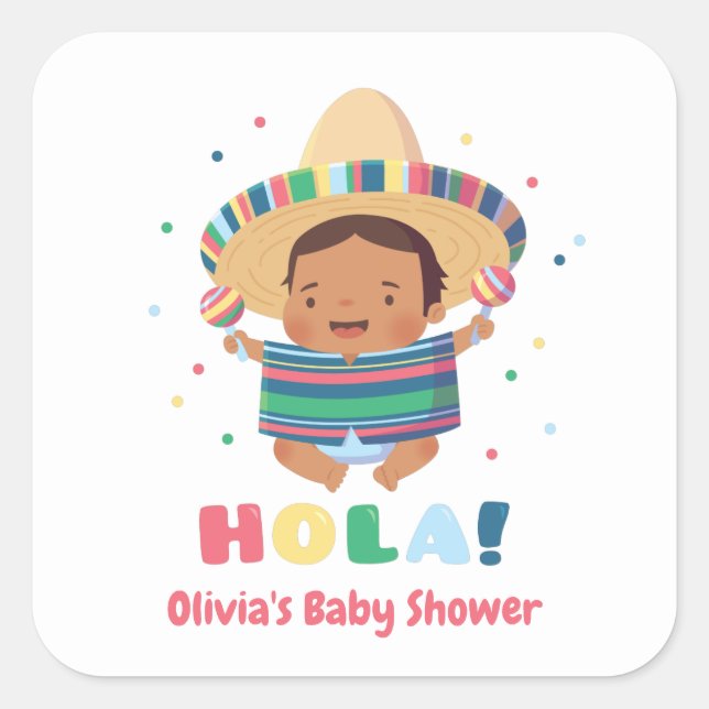 Cute Hola Mexican Boy Fiesta Baby Shower Square Sticker (Front)
