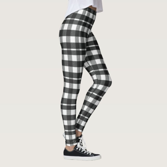 Cute Holiday Black, White Plaid Tartan Christmas Leggings (Right)