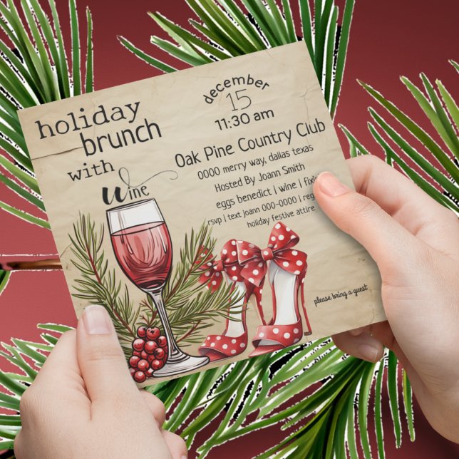 Cute Holiday Brunch with Wine Party Invitation (Cute ladies holiday brunch invite with wine, pine and heels in red and hunter green. )