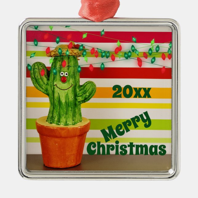 Cute Holiday Cactus Southwestern Merry Christmas Metal Tree Decoration (Front)